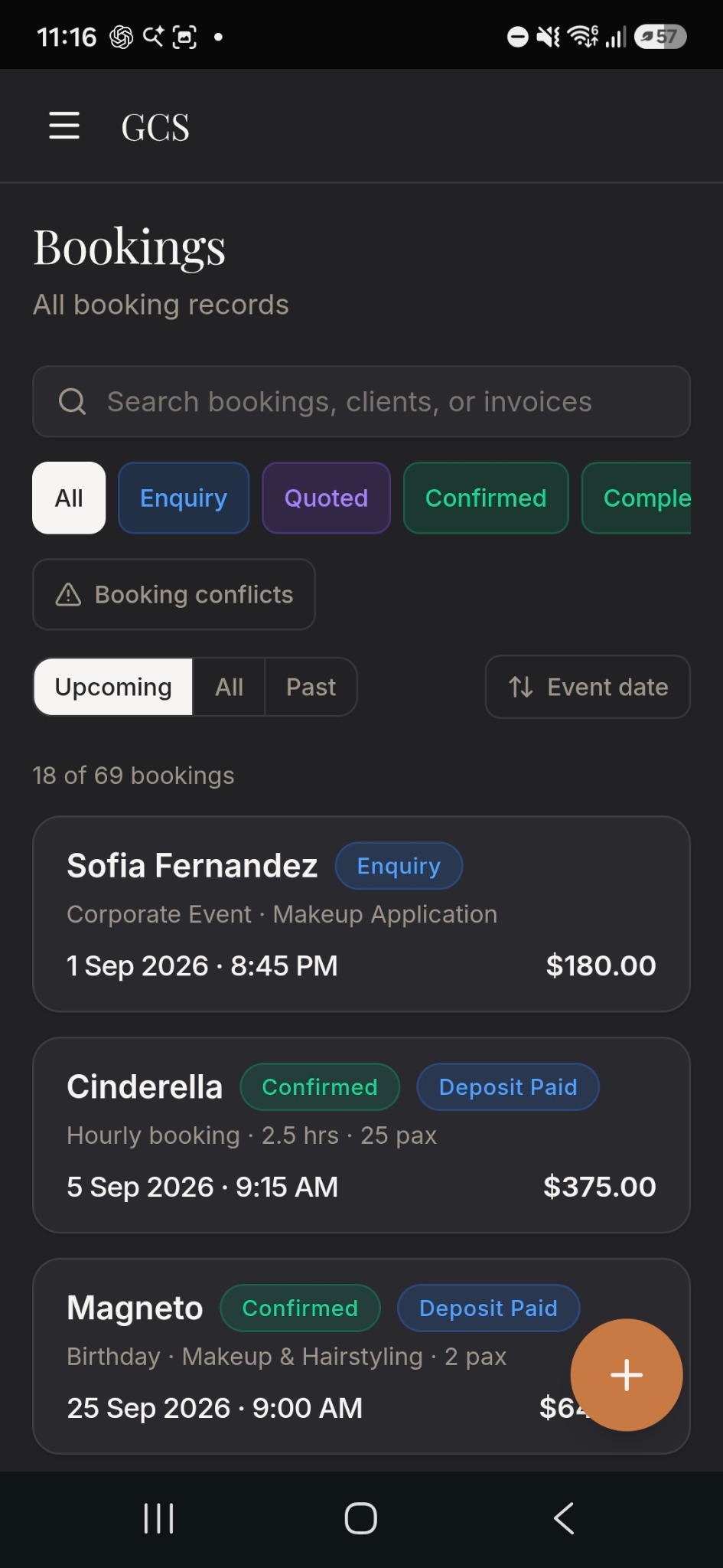 Mobile bookings overview showing booking records and statuses