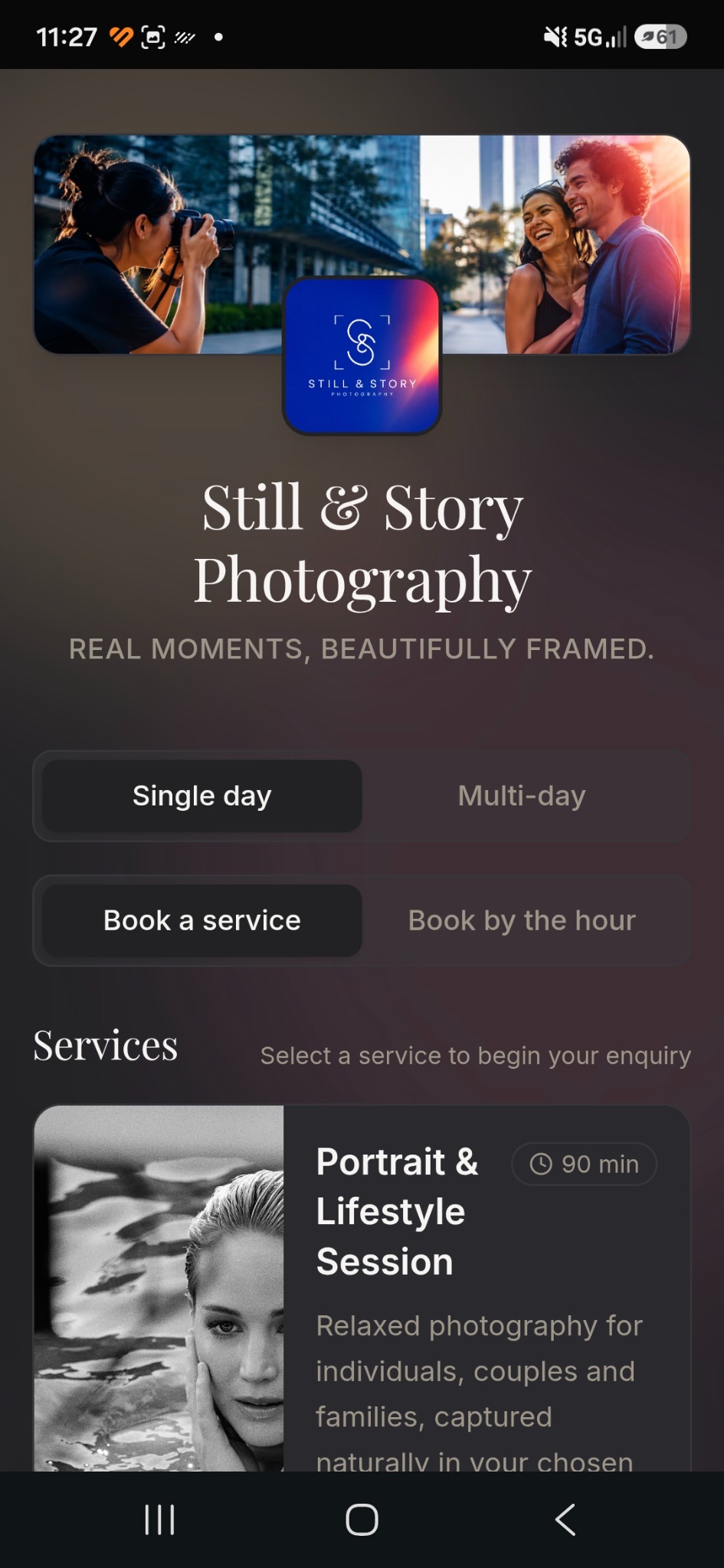 Still and Story Photography mobile booking page