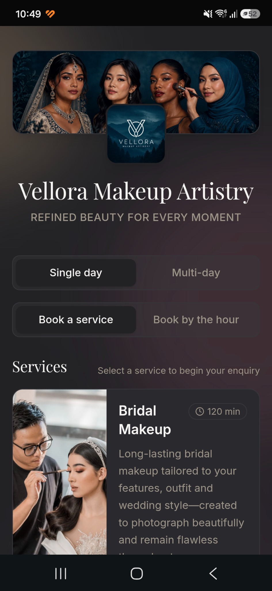 Vellora Makeup Artistry mobile booking page